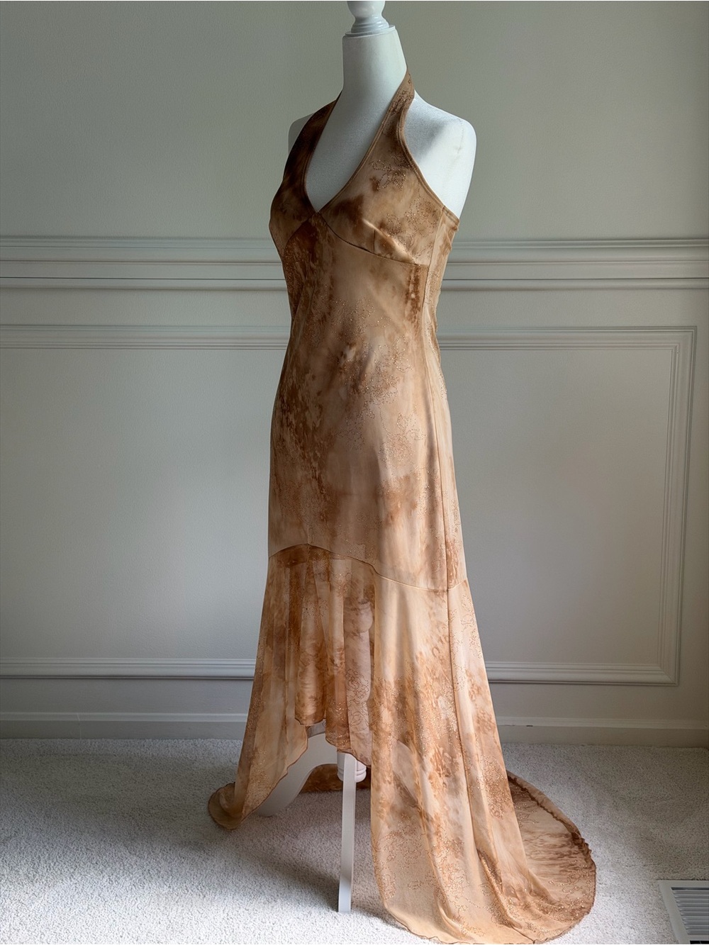 Taboo Y2K Halter High-Low Dress in Taupe Brown Marble